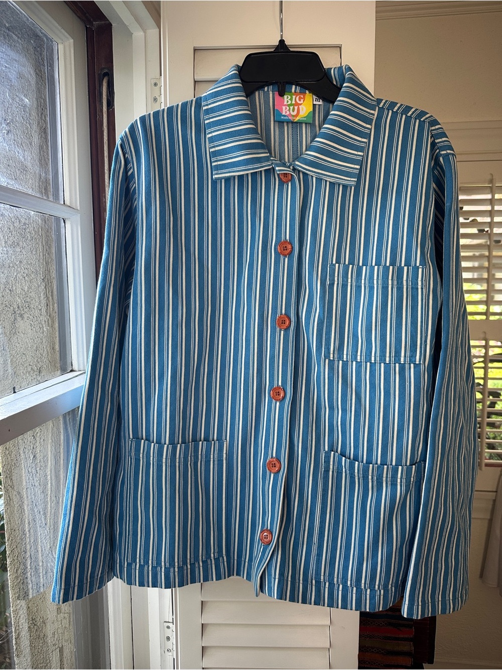 Big Bud Stripe Button-Up Chore Jacket in Blue and White with Orange Buttons - Picture 9 of 9